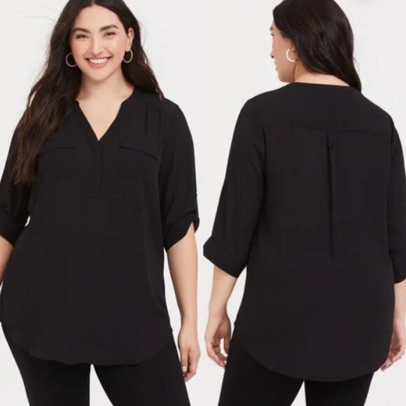Torrid 2X Black Harper 3/4 Sleeve Pullover Blouse Roll Tab Shirt Semi-Sheer - Picture 1 of 7